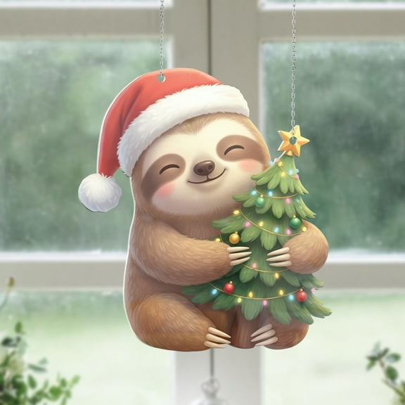 Lotusprinthandmade Cute Sloth Christmas Custom Shape Window Hanging Acrylic Ornament (4x4), sloth lovers christmas ornament, christmas sloth pattern decor ornament