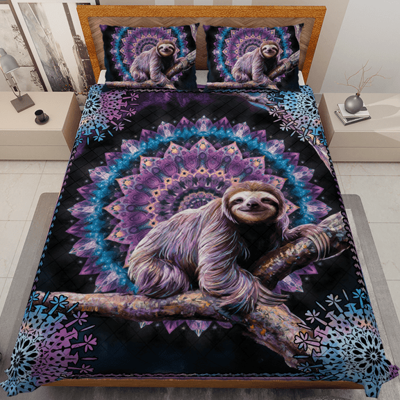 Lotusprinthandmade Cute Sloth Quilt Bedding Set White Binding