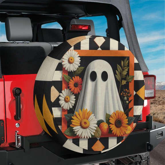Lotusprinthandmade Cute Spooky with Floral Halloween Spare Tire Cover Without Backup Camera Hole 6 Sizes (34 in.), halloween tire cover, spooky tire cover