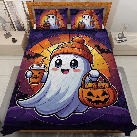 Lotusprinthandmade Cute Spooky with Pumpkin Halloween Quilt Bedding Set, Fold Hem, 80x90
