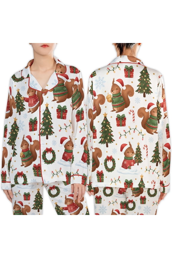 Cute Squirrel Christmas All-over Print Satin Pajamas Set (No Pocket) (4XL), christmas cozy nightwear, squirrel themed pajamas