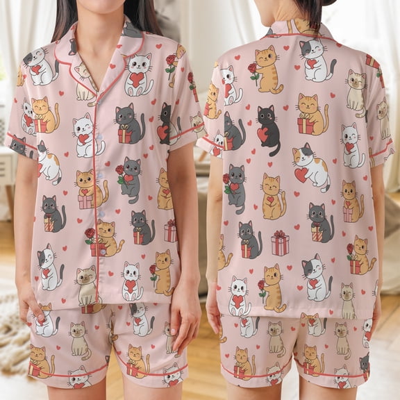 Lotusprinthandmade Cute Valentine Cats All-over Print Satin Short-Sleeve Pajamas Set (No Pocket) (S), valentine cat pajamas, cute cats pajama set