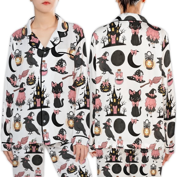 Lotusprinthandmade Cute Witch Halloween All Over Print Satin Long Sleeve Pajamas Set