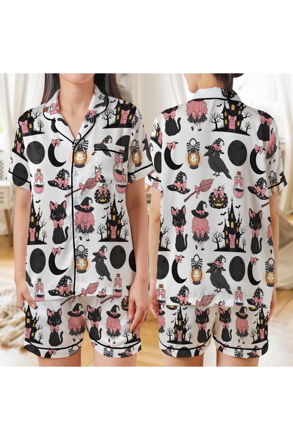 Cute Witch Halloween All-over Print Matching Pajamas Set Short-Sleeve (S), Multicolor