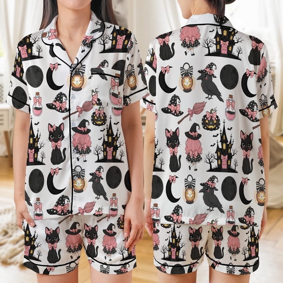 Lotusprinthandmade Cute Witch Halloween Satin Short Sleeve Pajamas Set S