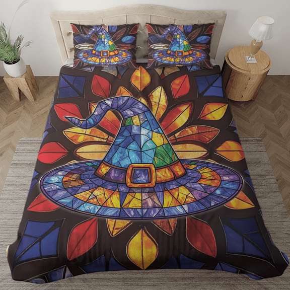 Lotusprinthandmade Cute Witch Hat Halloween Bedding Set, Multicolor, 88x88