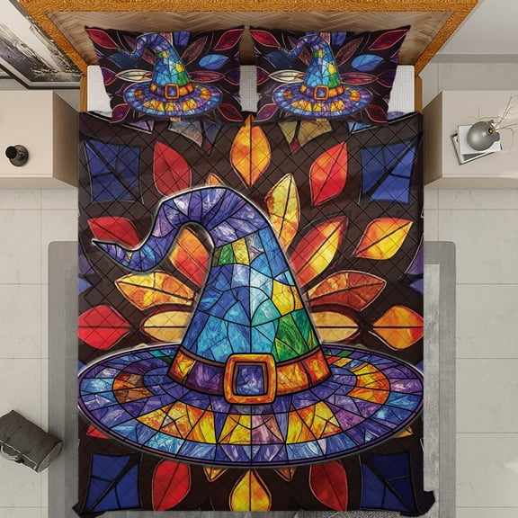 Lotusprinthandmade Cute Witch Hat Halloween Quilt Bedding Set (White Binding) 5 Sizes (Made in Vietnam) (90x100), Halloween Themed Quilt Set