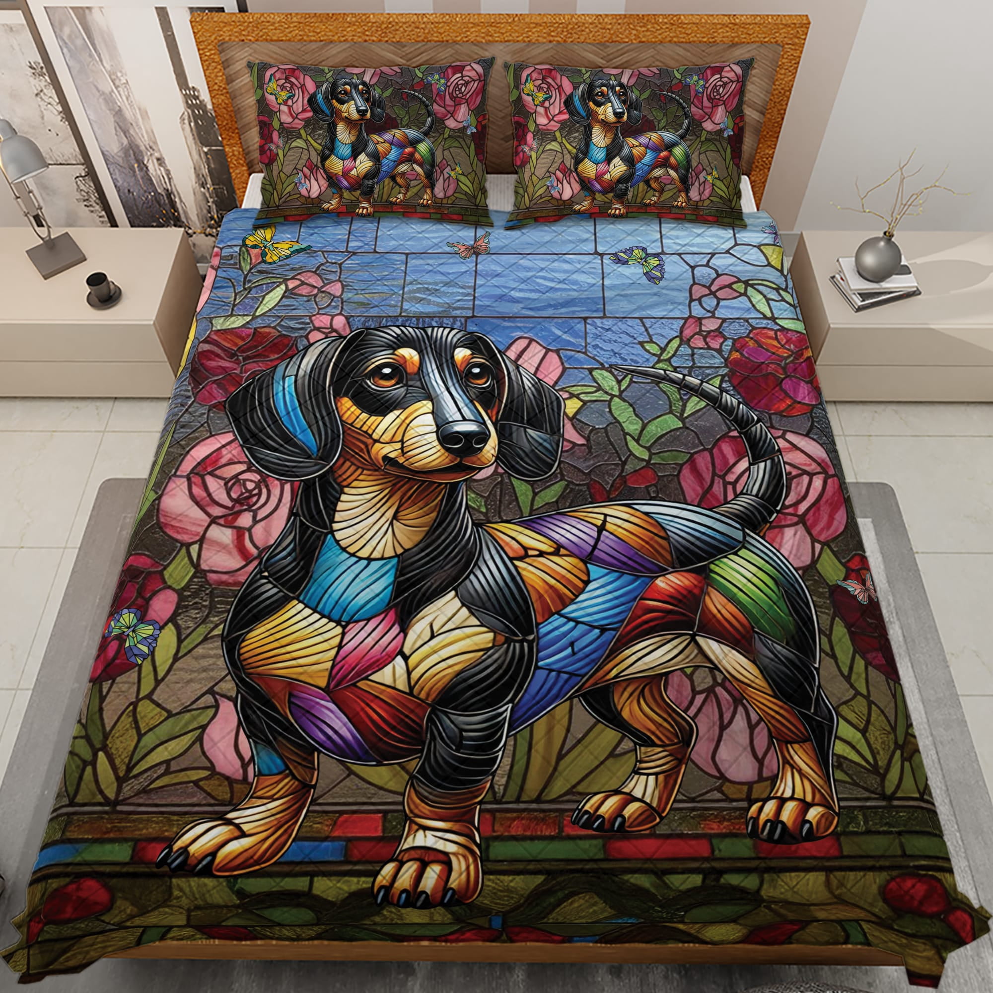 Paris Dog Pattern Print Bed Set Quilt