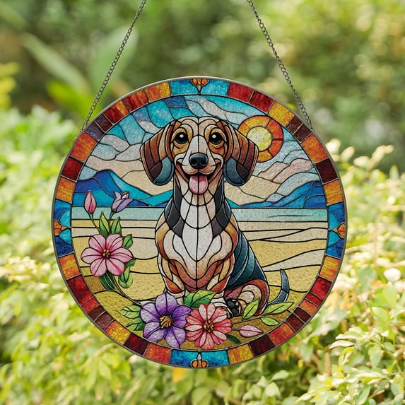 Lotusprinthandmade Dachshund Dog Pattern Stained Glass Suncatcher for Window Hanging Cir9.8in, dachshund dog stained glass ornament, dachshund dog glass art