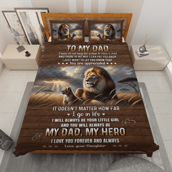 Lotusprinthandmade To My Dad Lion Lovers Quilt Bedding Set (Fold Hem) 5 Sizes (Made in Vietnam) (55x60), father’s day quilt bed set, to my dad quilt bedding