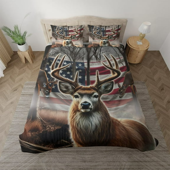 Lotusprinthandmade Deer Hunting America Flag Bedding Set (Made in Vietnam) (60x80), patriotic deer hunting comforter set, america flag deer bedspread