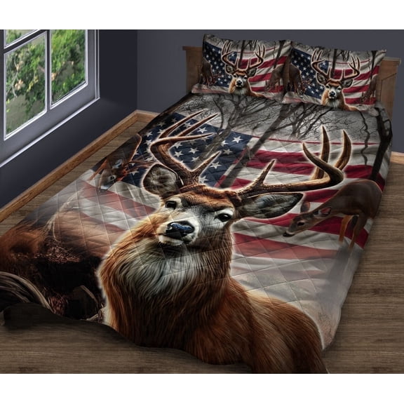Lotusprinthandmade Deer Hunting America Flag Quilt Bedding Set, Fold Hem, 70x80
