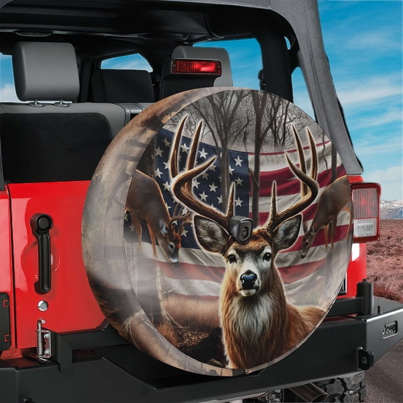 Lotusprinthandmade Deer Hunting America Flag Spare Tire Cover With Backup Camera Hole 6 Sizes (34 in. V2), patriotic deer hunting spare tire wrap