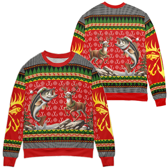 Lotusprinthandmade Deer Hunting Bass Fishing Multicolor Print Crew-neck Sweatshirt 3D (Made in Vietnam) S-5XL (S)