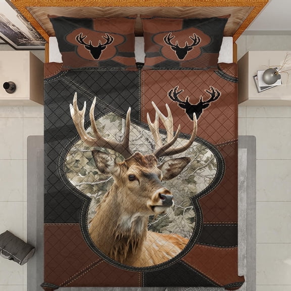 Lotusprinthandmade Deer Hunting Brown Quilt Bedding Set, White Binding, 90x100
