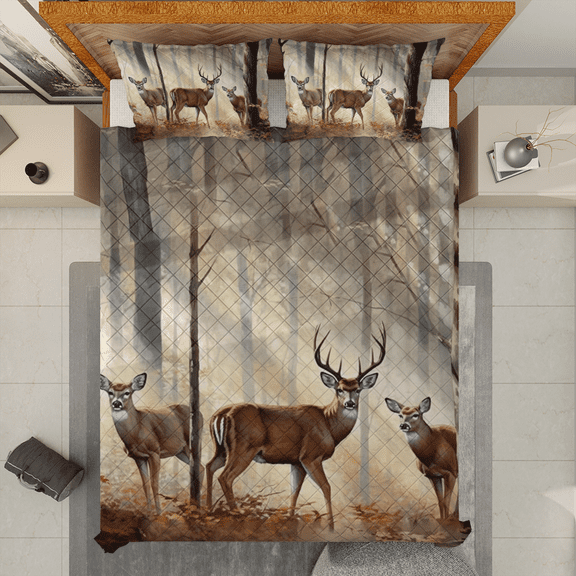 Lotusprinthandmade Deer Hunting In Forest Quilt Bedding Set (White Binding) 5 Sizes (Made in Vietnam) (55x60), Forest Deer Quilt Bedding Set, Hunting-Themed Quilt Bed Set
