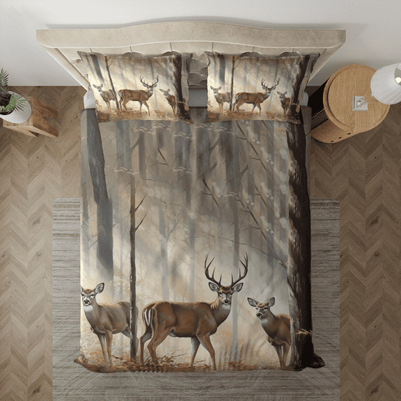Lotusprinthandmade Deer Hunting In Forest Bedding Set (Made in Vietnam) (60x80), Wildlife-Themed Bed Set, Forest Hunting Bed Set