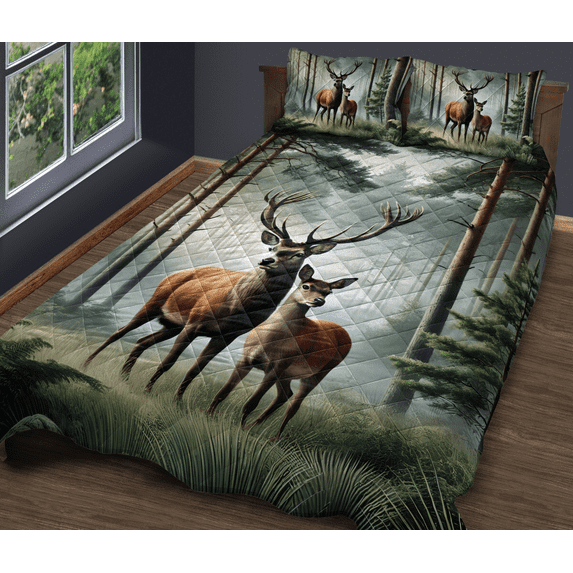 Lotusprinthandmade Deer Hunting Quilt Bedding Set (Fold Hem) 5 Sizes (Made in Vietnam) (55x60), hunting quilt bed set, deer quilt bedding, deer quilt bedding set