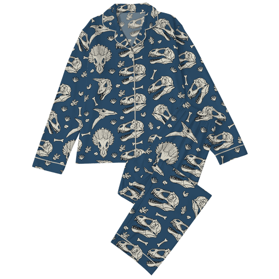 Lotusprinthandmade Dinosaur Skeleton All-over Print Satin Pajamas Set (4XL) – Dino Bone Pajamas Set
