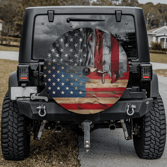 Lotusprinthandmade Distressed America Flag Spare Tire Cover With Backup Camera Hole 6 Sizes (27 in.)