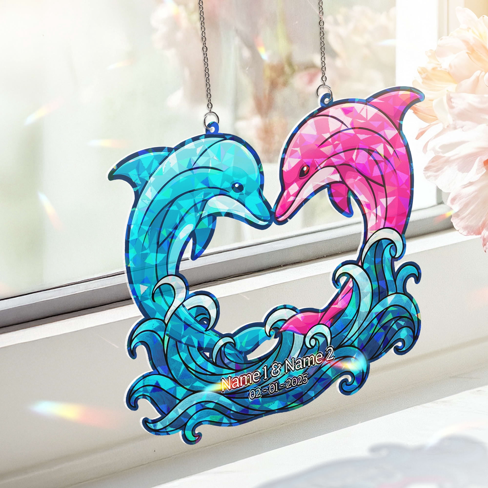Lotusprinthandmade Dolphin Couple Custom Shape Broken Glass Hologram Ornament 5in, Dolphin Couple Decorative Ornament