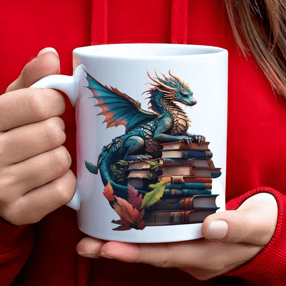 Lotusprinthandmade Dragon And Books White Ceramic Mug 15 oz Fantasy Reading