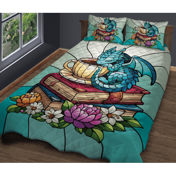Lotusprinthandmade Dragon with Book Floral Quilt Bedding Set, White Binding, 70x80