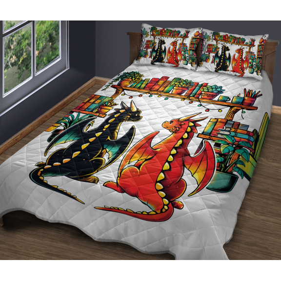 Lotusprinthandmade Dragon with Book Quilt Bedding Set (White Binding) 5 Sizes (Made in Vietnam) (55x60), Dragon Lovers Quilt Bedding Set, dragon with book quilt