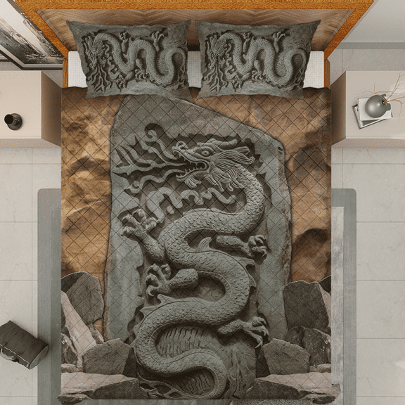 Lotusprinthandmade Dragon Fossil 3D Pattern Quilt Bedding Set (White Binding) 5 Sizes (Made in Vietnam) (60x70), Dragon-Themed 3D Quilt Bedding, Fossil Dragon Design Comforter Set