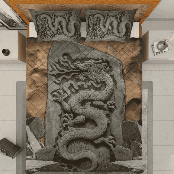 Lotusprinthandmade Dragon Fossil 3D Pattern Quilt Bedding Set, White Binding, 80x90