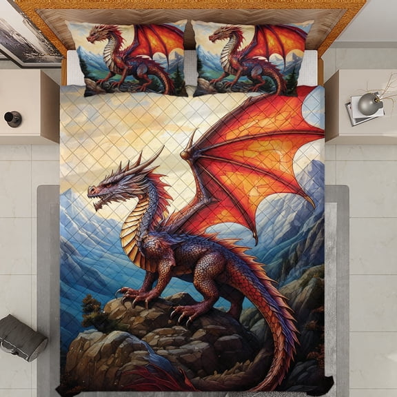 Lotusprinthandmade Dragon Lovers Graphic Quilt Bedding Set, White Binding, 60x70