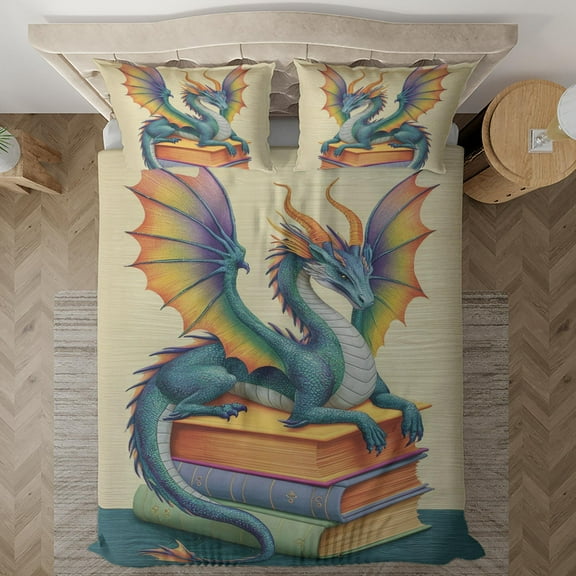 Lotusprinthandmade Dragon With Books Bedding Set (Made in Vietnam) (60x80), Fantasy Dragon Bedding