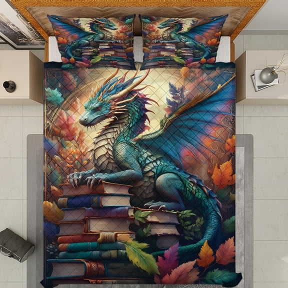 Lotusprinthandmade Dragon With Books Quilt Bedding Set (White Binding) 5 Sizes (Made in Vietnam) (70x80), Fantasy Dragon Quilt Set