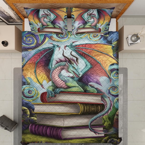 Lotusprinthandmade Dragon With Books Quilt Bedding Set (White Binding) 5 Sizes (Made in Vietnam) (90x100), Fantasy Dragon Quilt Set