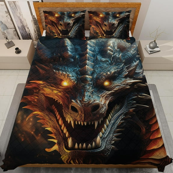 Lotusprinthandmade Dragon's Awakening Quilt Bedding Set (White Binding) 5 Sizes (Made in Vietnam) (60x70), Majestic Dragon-Themed Quilt Set