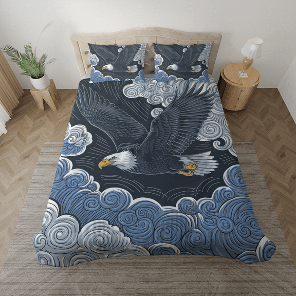 Lotusprinthandmade Eagle Bedding Set (Made in Vietnam) (104x88), eagle print bedspread, eagle-themed comforter set, eagle bedding