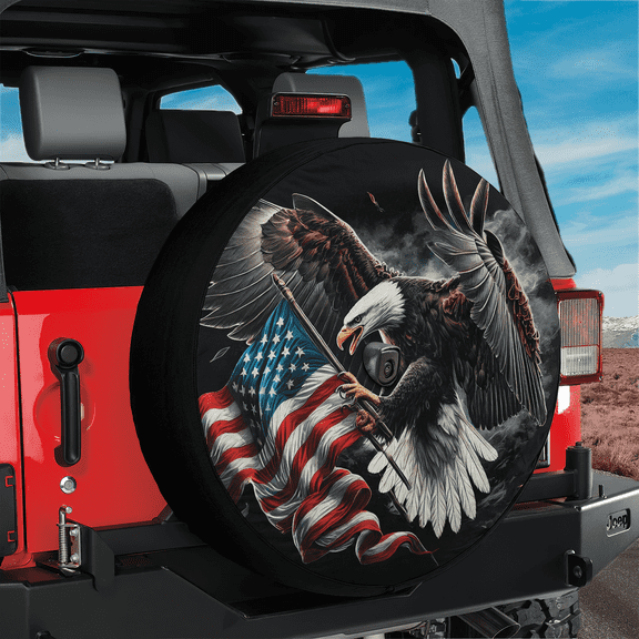 Lotusprinthandmade Eagle Spare Tire Cover With Backup Camera Hole, Eagle US Flag Spare Tire Cover