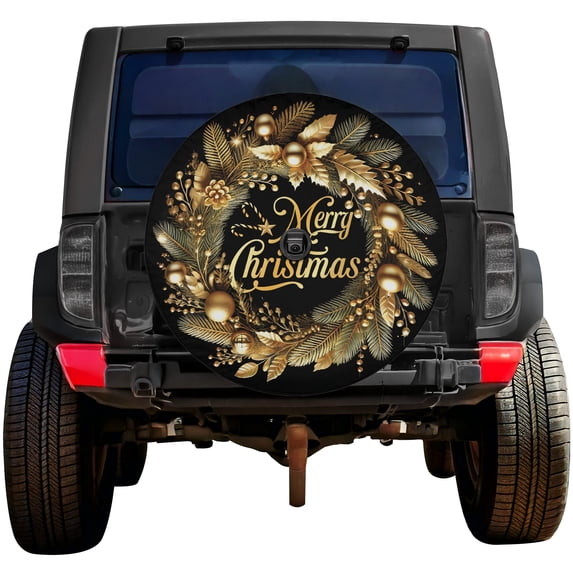 Lotusprinthandmade Elegant Merry Christmas Spare Tire Cover With Backup Camera Hole 6 Sizes (34 in. V2), festive car tire cover, merry christmas vehicle decor