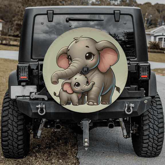 Lotusprinthandmade Elephant Mom and Kid Family Spare Tire Cover With Backup Camera Hole (27 in)