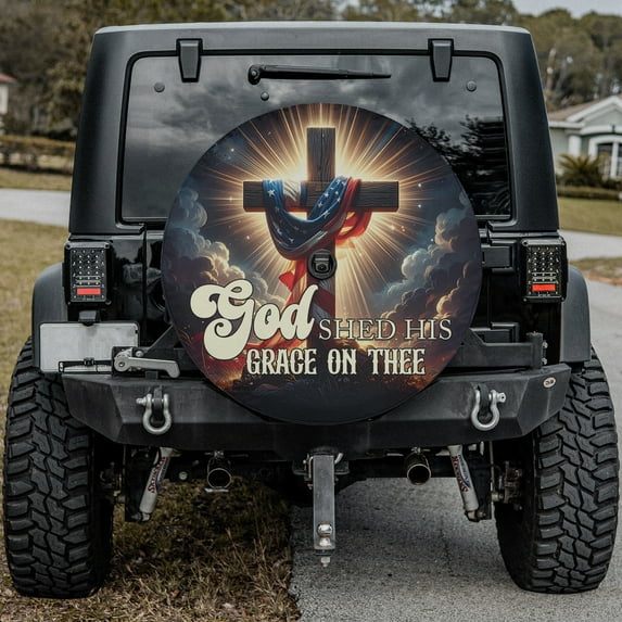 Lotusprinthandmade Faith Cross With USA Flag Spare Tire Cover With Backup Camera Hole 6 Sizes (34 in.)