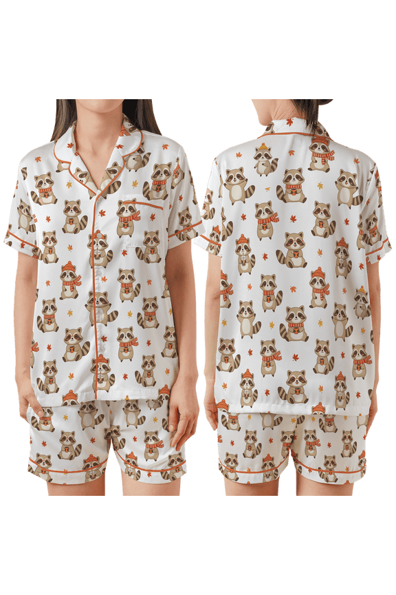 Fall Raccoon All-over Print Satin Short-Sleeve Pajamas Set (M), fall raccoon satin pajama set for women