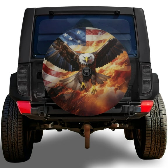 Lotusprinthandmade Fire Eagle with America Flag Spare Tire Cover With Backup Camera Hole 6 Sizes (27 in.), fire eagle spare tire cover, patriotic eagle tire cover