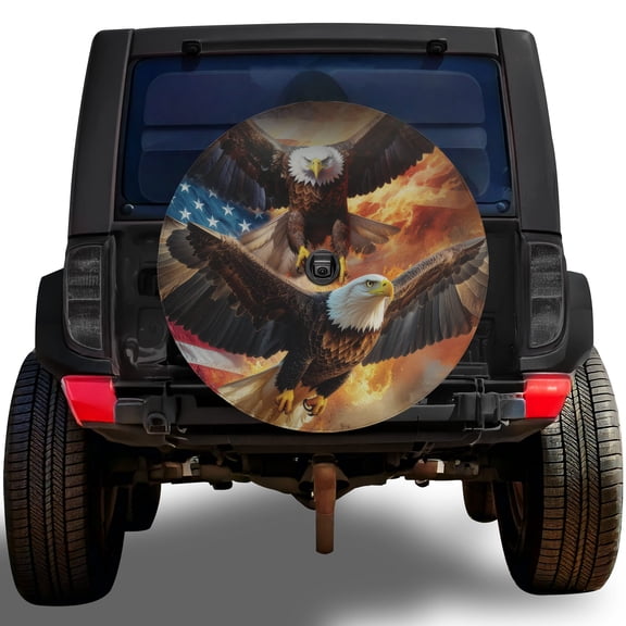 Lotusprinthandmade Fire Eagle with America Flag Spare Tire Cover With Backup Camera Hole