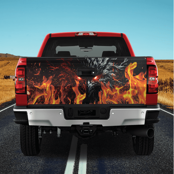 Lotusprinthandmade Fire Flames Eyes Tailgate Wrap 2 Sizes (26"x66"), Flame-themed Tailgate Graphic, Bold Fire Eyes Tailgate Protector
