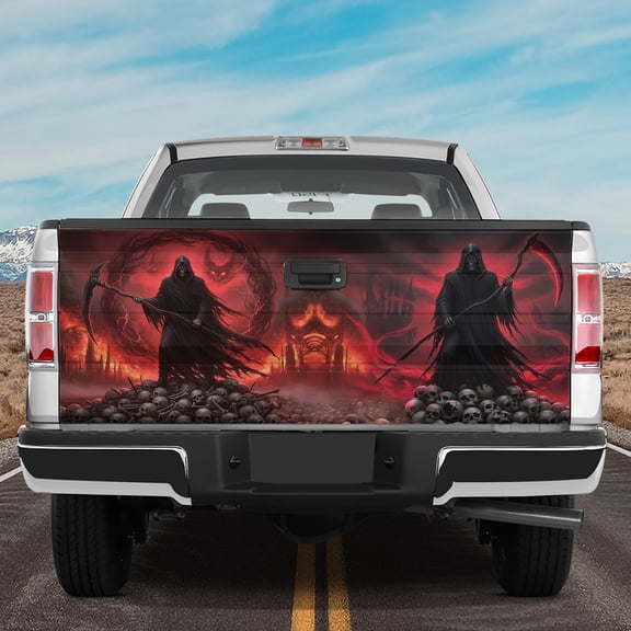 Lotusprinthandmade Fire Flames Skull Graveyard Tailgate Wrap 2 Sizes (24"x58"), fire flames skull tailgate wrap