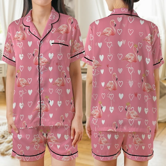 Lotusprinthandmade Flamingo All-over Print Satin Short-Sleeve Pajamas Set (S), tropical print pajama set, pink flamingo sleepwear