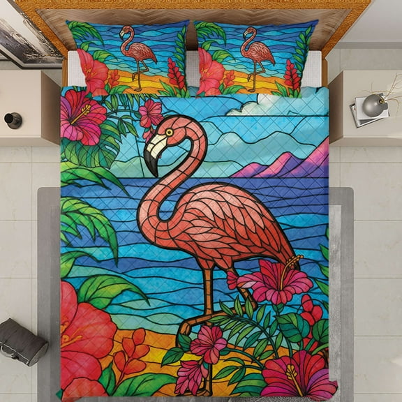 Lotusprinthandmade Flamingo Lovers Quilt Bedding Set (White Binding) 5 Sizes (Made in Vietnam) (55x60), Tropical Bird Quilt Blanket