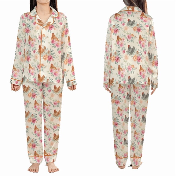 Lotusprinthandmade Floral Chicken Satin Long Sleeve Pajamas Set No Pocket 3XL