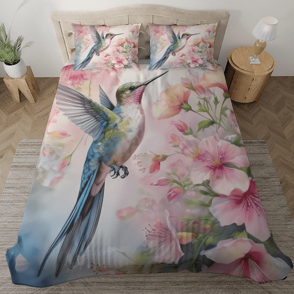 Lotusprinthandmade Floral Hummingbird Bedding Set (Made in Vietnam) (78x88), hummingbird and floral bedspread, hummingbird comforter set