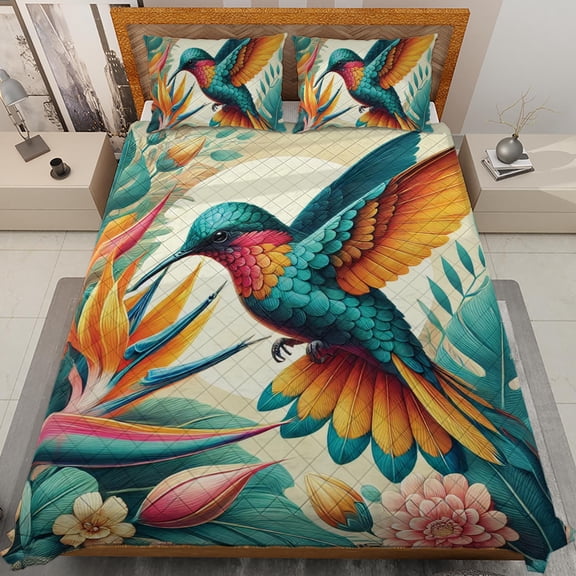 Lotusprinthandmade Floral Hummingbird Quilt Bedding Set White Binding
